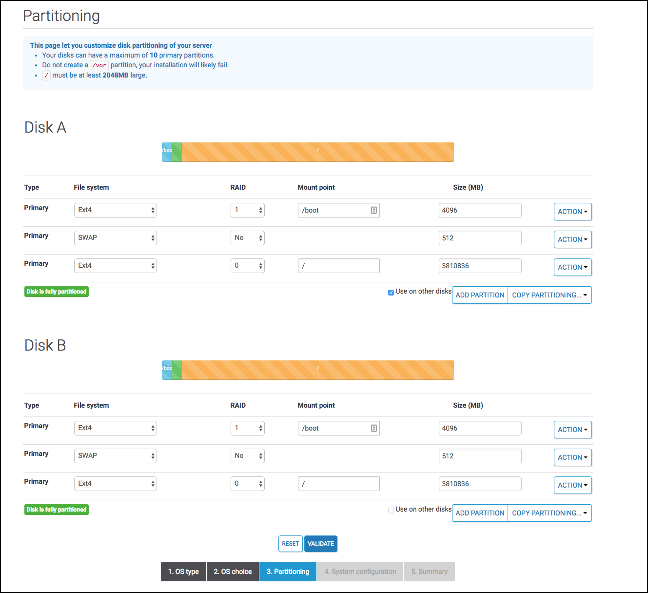 Online.net server partitioning configuration interface